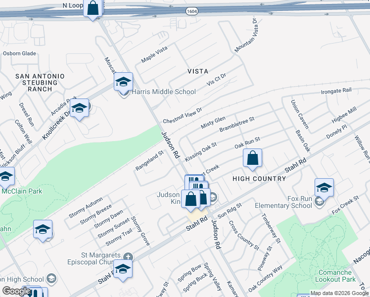 map of restaurants, bars, coffee shops, grocery stores, and more near 5639 Misty Glen in San Antonio