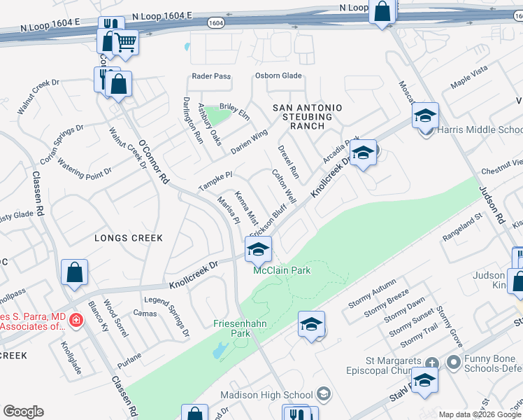 map of restaurants, bars, coffee shops, grocery stores, and more near 15823 Kenna Mist in San Antonio