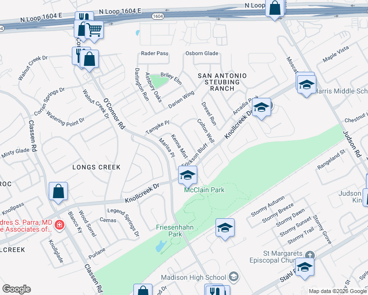 map of restaurants, bars, coffee shops, grocery stores, and more near 15823 Kenna Mist in San Antonio