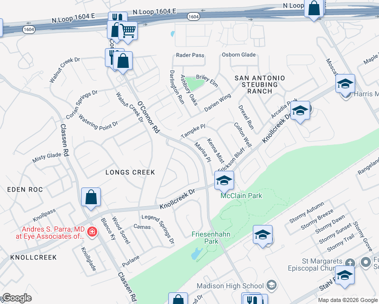 map of restaurants, bars, coffee shops, grocery stores, and more near 15878 Redwoods Manor in San Antonio