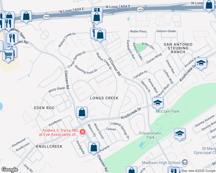 map of restaurants, bars, coffee shops, grocery stores, and more near 4806 Legend Well Drive in San Antonio
