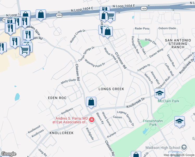 map of restaurants, bars, coffee shops, grocery stores, and more near 4739 Irish Oak in San Antonio