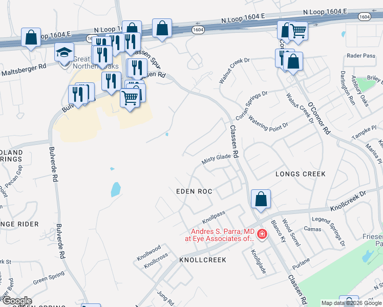map of restaurants, bars, coffee shops, grocery stores, and more near 4426 Amandas Cove in San Antonio