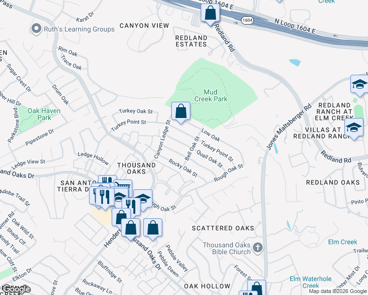 map of restaurants, bars, coffee shops, grocery stores, and more near 2819 Burnt Oak Street in San Antonio