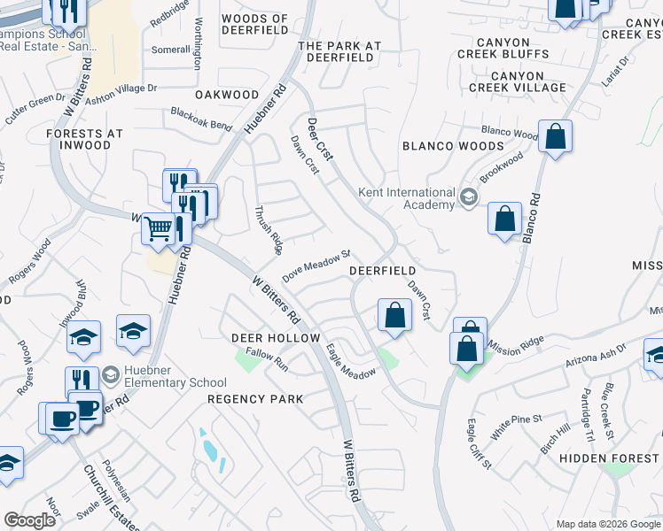 map of restaurants, bars, coffee shops, grocery stores, and more near 15635 Dove Meadow Street in San Antonio