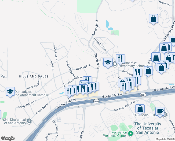 map of restaurants, bars, coffee shops, grocery stores, and more near 15818 Oak Grove Drive in San Antonio