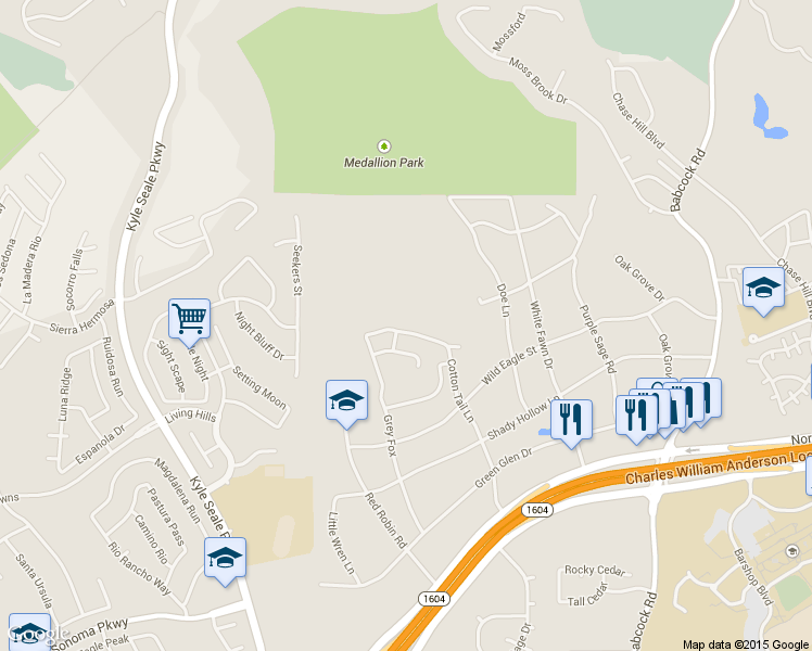 map of restaurants, bars, coffee shops, grocery stores, and more near 15770 Cotton Tail Lane in San Antonio