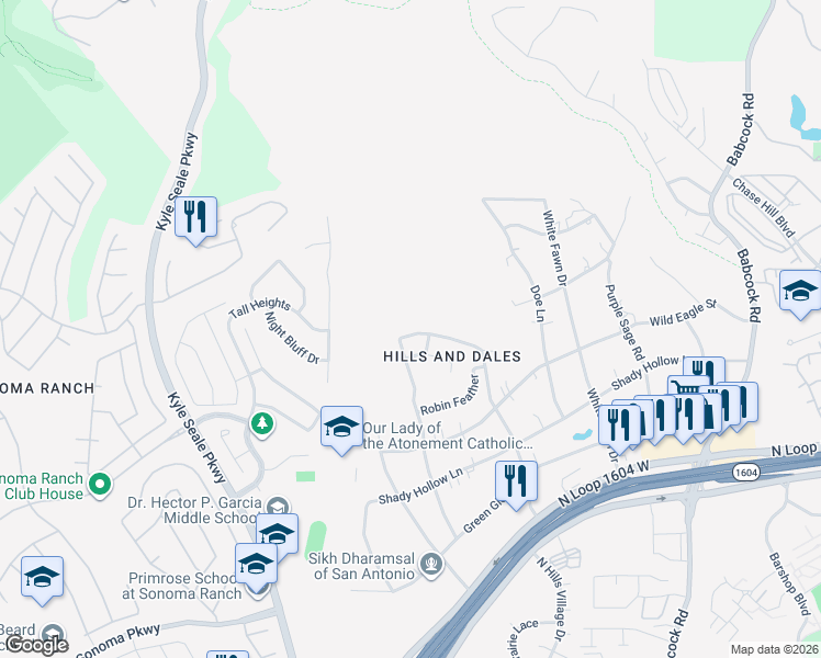 map of restaurants, bars, coffee shops, grocery stores, and more near 15838 Cotton Tail Lane in San Antonio
