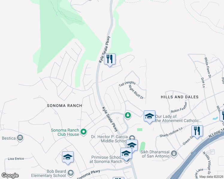 map of restaurants, bars, coffee shops, grocery stores, and more near 16123 Noble Night in San Antonio