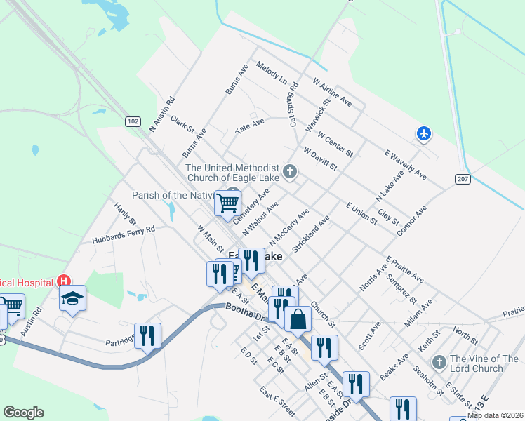 map of restaurants, bars, coffee shops, grocery stores, and more near 201 West State Street in Eagle Lake