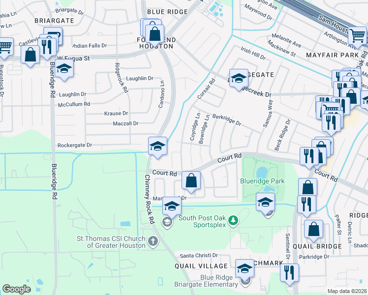 map of restaurants, bars, coffee shops, grocery stores, and more near 16207 Corsair Road in Houston