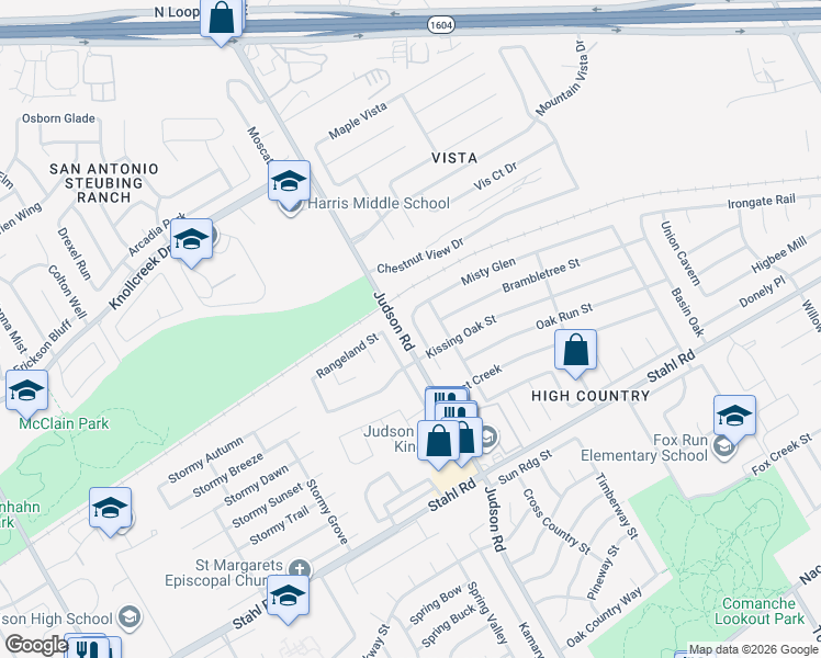 map of restaurants, bars, coffee shops, grocery stores, and more near 5639 Misty Glen in San Antonio