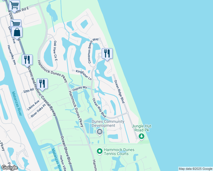 map of restaurants, bars, coffee shops, grocery stores, and more near 24 Sandpiper Lane in Palm Coast