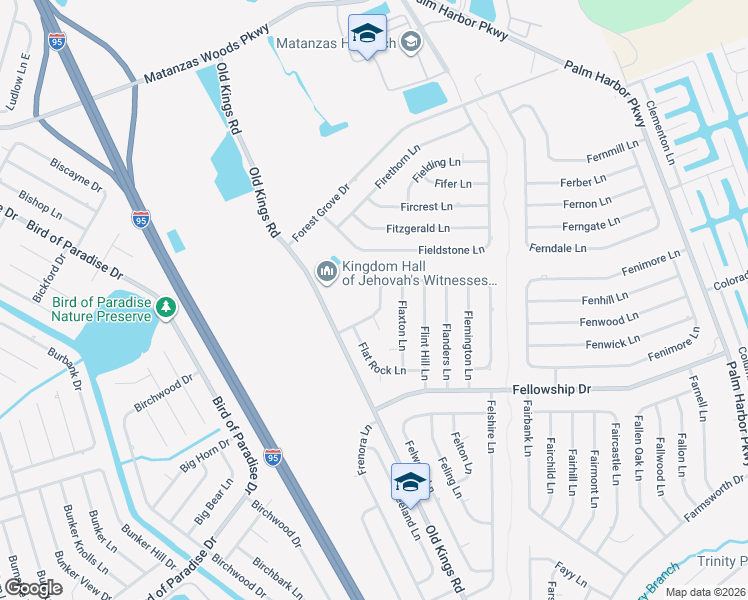 map of restaurants, bars, coffee shops, grocery stores, and more near 15 Flemingwood Lane in Palm Coast