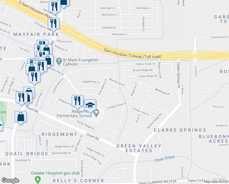 map of restaurants, bars, coffee shops, grocery stores, and more near 5003 Ridgestone Street in Houston