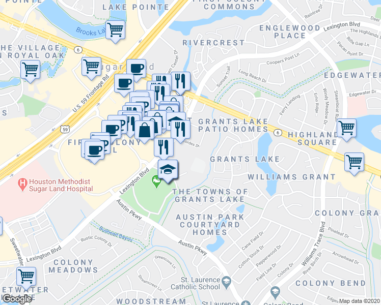 map of restaurants, bars, coffee shops, grocery stores, and more near 2655 Cordes Drive in Sugar Land