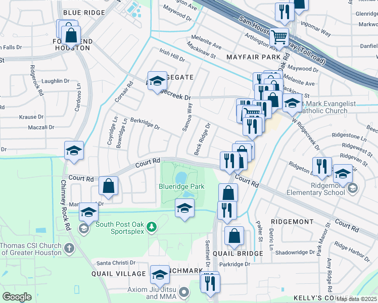 map of restaurants, bars, coffee shops, grocery stores, and more near 16235 Diamond Ridge Drive in Houston