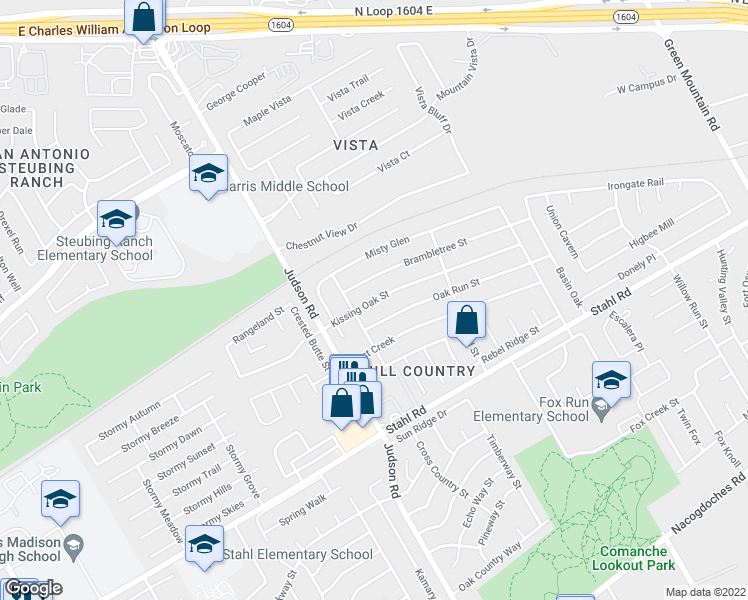 map of restaurants, bars, coffee shops, grocery stores, and more near Kissing Oak Street in San Antonio
