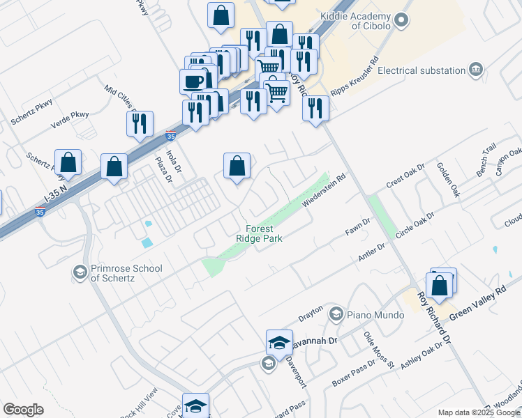map of restaurants, bars, coffee shops, grocery stores, and more near 4501 Grand Forest Drive in Schertz