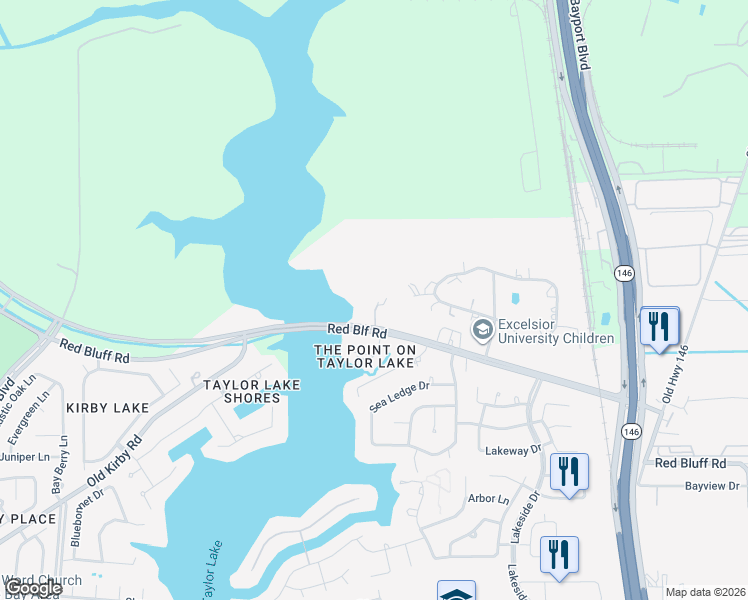 map of restaurants, bars, coffee shops, grocery stores, and more near 2906 Red Bluff Road in Seabrook