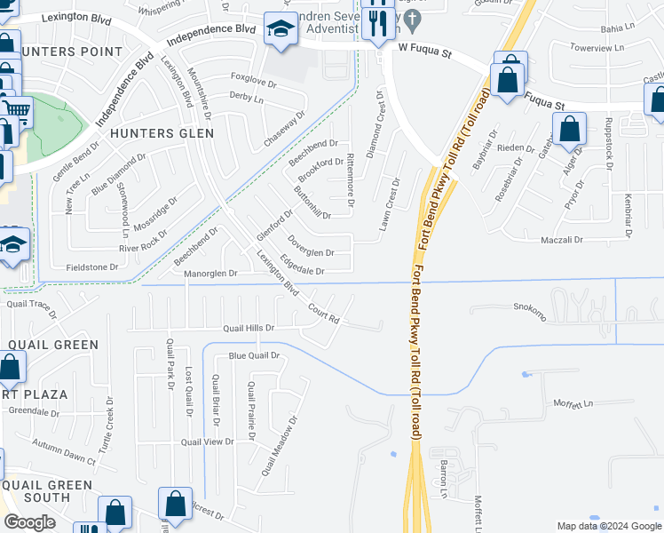 map of restaurants, bars, coffee shops, grocery stores, and more near 2523 Edgedale Drive in Missouri City