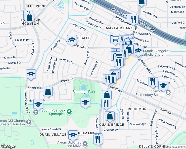 map of restaurants, bars, coffee shops, grocery stores, and more near 16218 Alden Ridge Drive in Houston