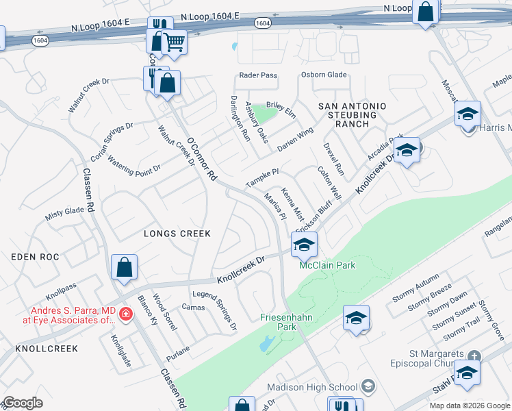 map of restaurants, bars, coffee shops, grocery stores, and more near 15878 Redwoods Manor in San Antonio