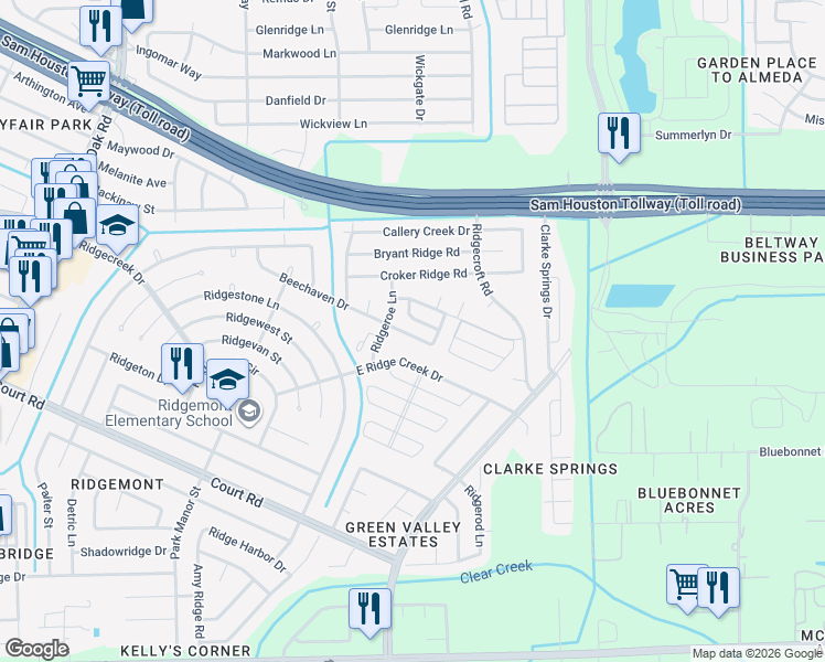map of restaurants, bars, coffee shops, grocery stores, and more near 15829 Ridgeroe Lane in Houston