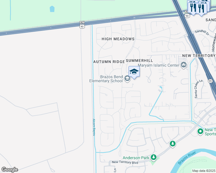 map of restaurants, bars, coffee shops, grocery stores, and more near 631 Annie's Way in Sugar Land
