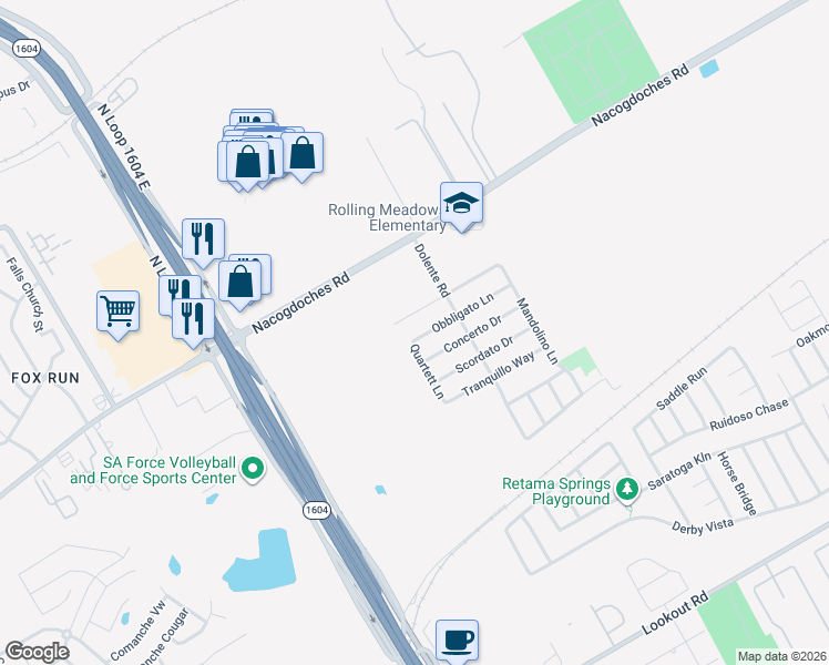 map of restaurants, bars, coffee shops, grocery stores, and more near 7311 Obbligato Lane in San Antonio