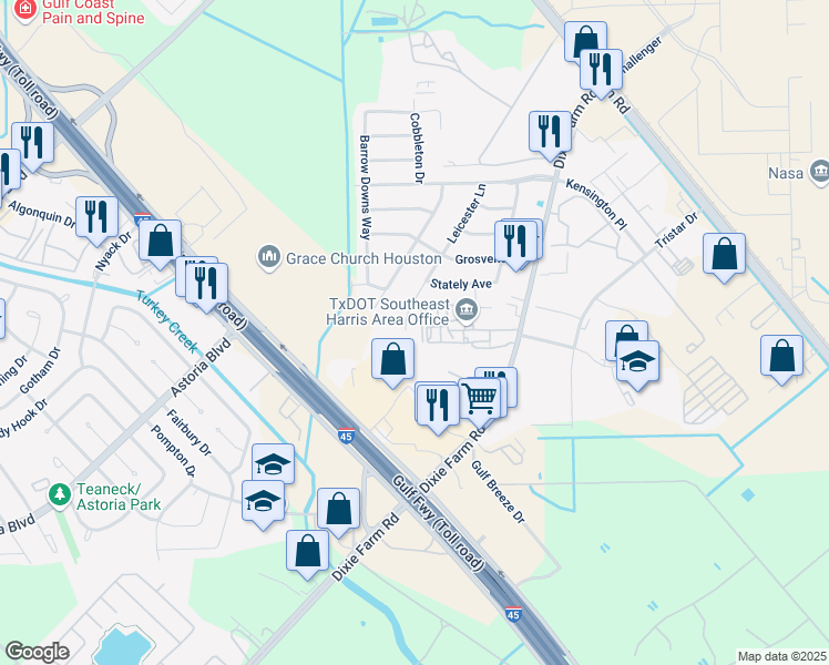 map of restaurants, bars, coffee shops, grocery stores, and more near 747 Leicester Lane in Houston
