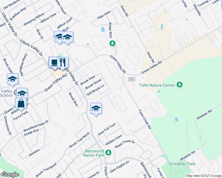 map of restaurants, bars, coffee shops, grocery stores, and more near 309 Brook Shadow in Cibolo