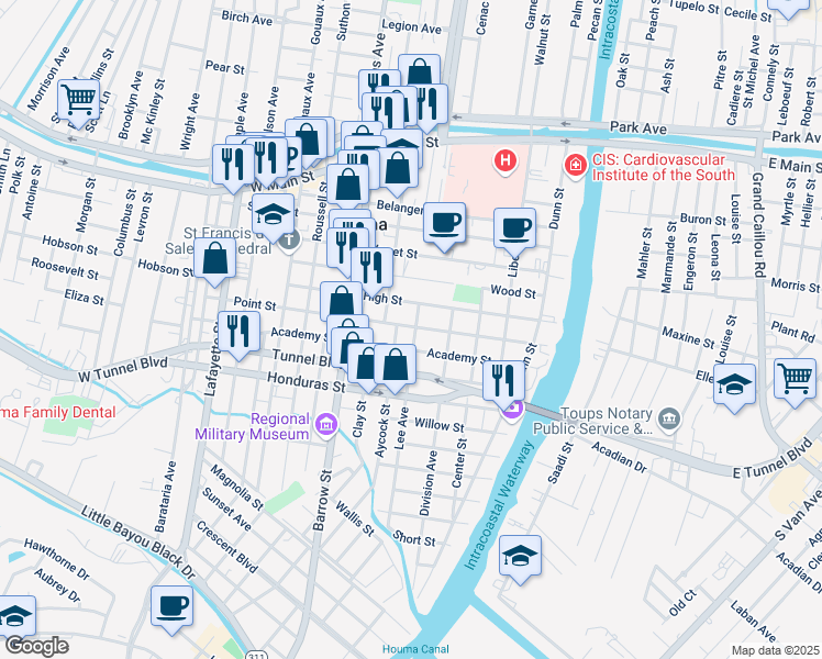 map of restaurants, bars, coffee shops, grocery stores, and more near 819 Lee Avenue in Houma
