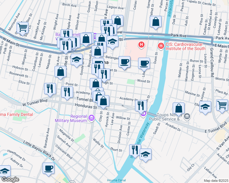 map of restaurants, bars, coffee shops, grocery stores, and more near 819 Lee Avenue in Houma