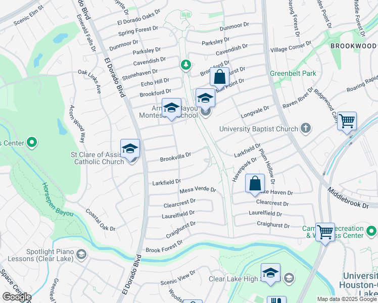 map of restaurants, bars, coffee shops, grocery stores, and more near 16002 Brookvilla Drive in Houston