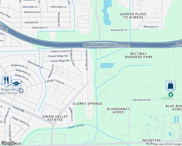 map of restaurants, bars, coffee shops, grocery stores, and more near 15855 Reddy Lane in Houston