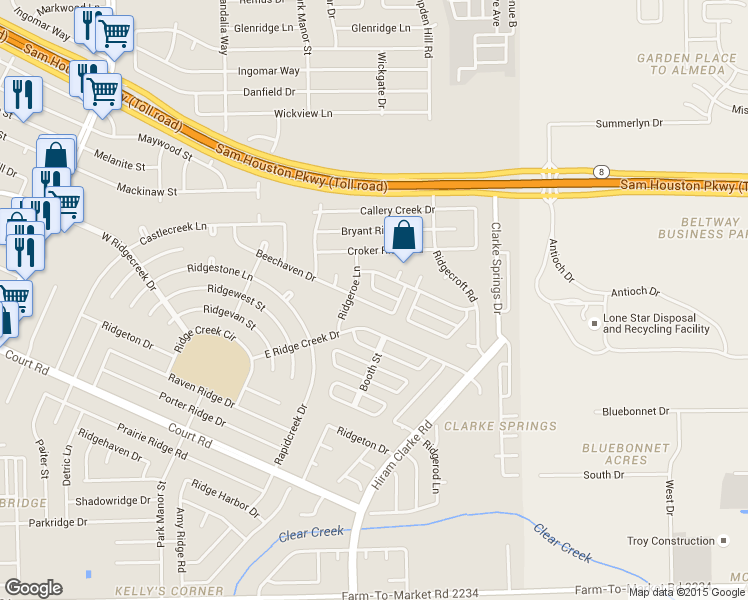 map of restaurants, bars, coffee shops, grocery stores, and more near 15837 Ridgeroe Lane in Houston