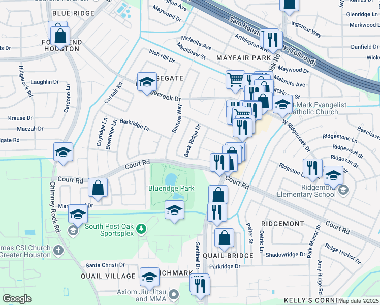 map of restaurants, bars, coffee shops, grocery stores, and more near 16218 Alden Ridge Drive in Houston