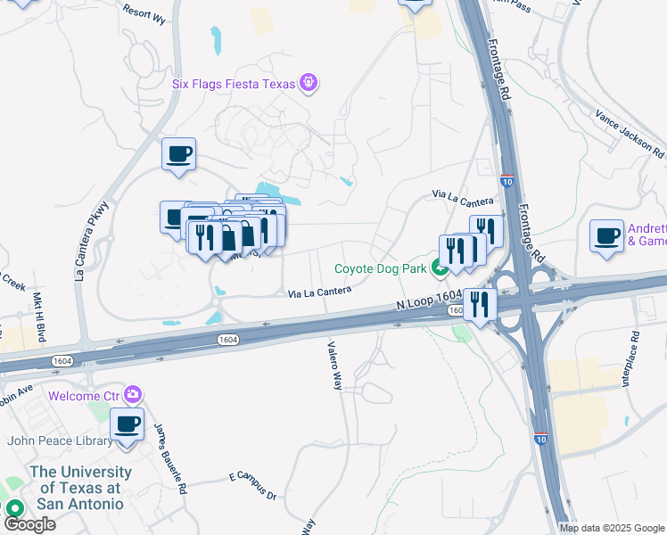 map of restaurants, bars, coffee shops, grocery stores, and more near 6107 Via La Cantera in San Antonio