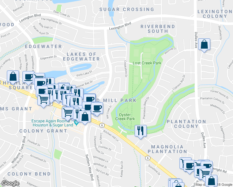 map of restaurants, bars, coffee shops, grocery stores, and more near 3514 Honey Creek Drive in Sugar Land