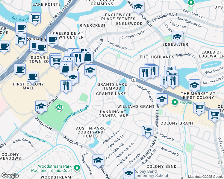 map of restaurants, bars, coffee shops, grocery stores, and more near 2611 Grants Lake Boulevard in Sugar Land