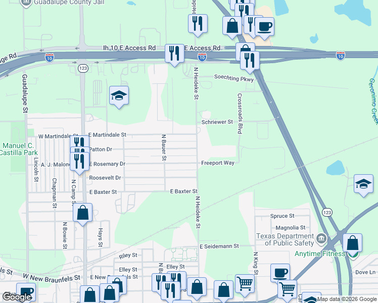 map of restaurants, bars, coffee shops, grocery stores, and more near 815 Patton Drive in Seguin