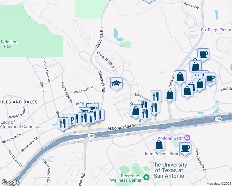map of restaurants, bars, coffee shops, grocery stores, and more near 15707 Chase Hill Boulevard in San Antonio