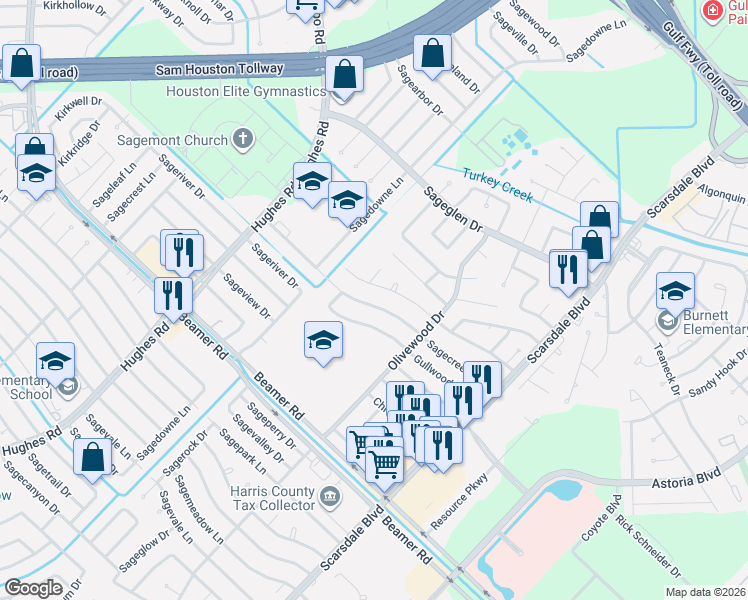 map of restaurants, bars, coffee shops, grocery stores, and more near 11442 Sagecreek Drive in Houston