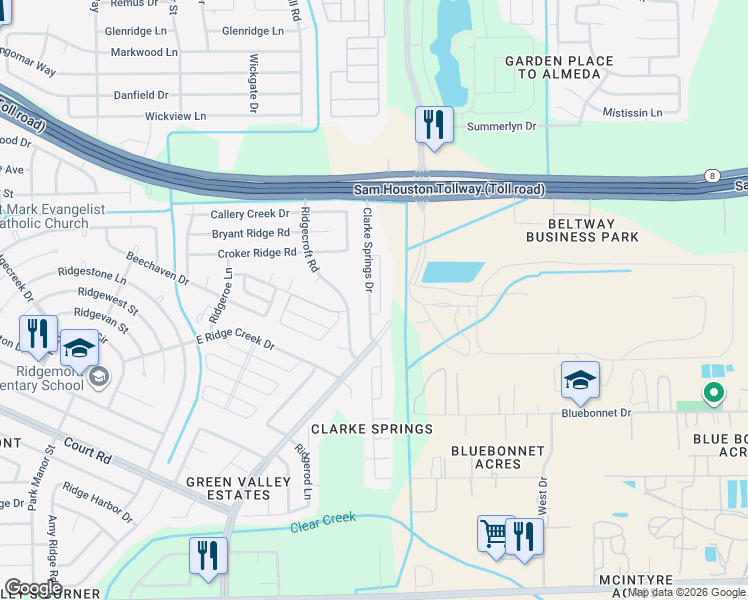 map of restaurants, bars, coffee shops, grocery stores, and more near 15850 Clarke Springs Drive in Houston