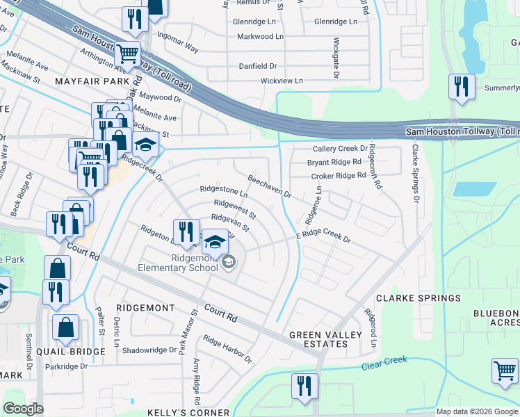 map of restaurants, bars, coffee shops, grocery stores, and more near 5003 Ridgestone Street in Houston