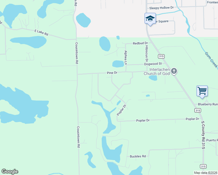 map of restaurants, bars, coffee shops, grocery stores, and more near 111 Oak Cir E in Interlachen