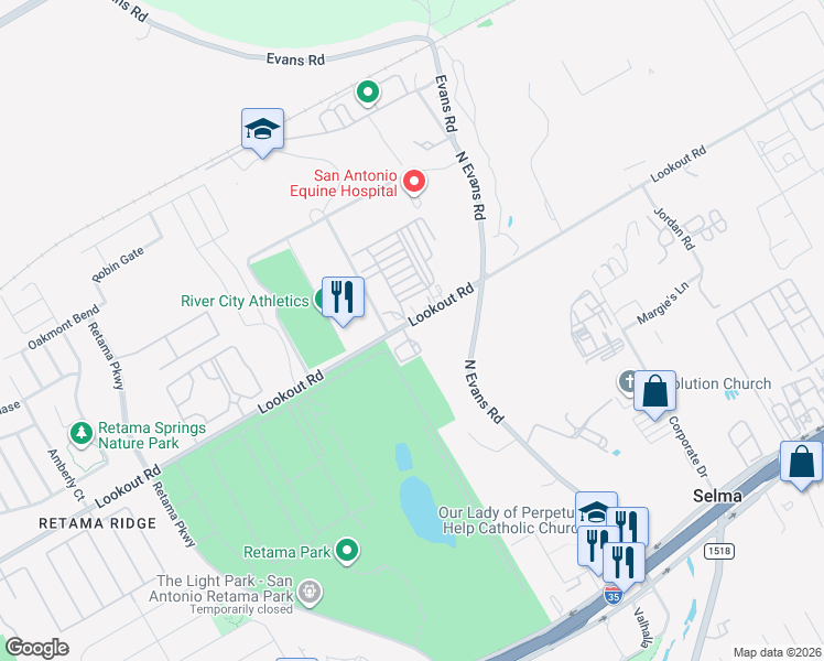 map of restaurants, bars, coffee shops, grocery stores, and more near 16800 Lookout Road in Selma