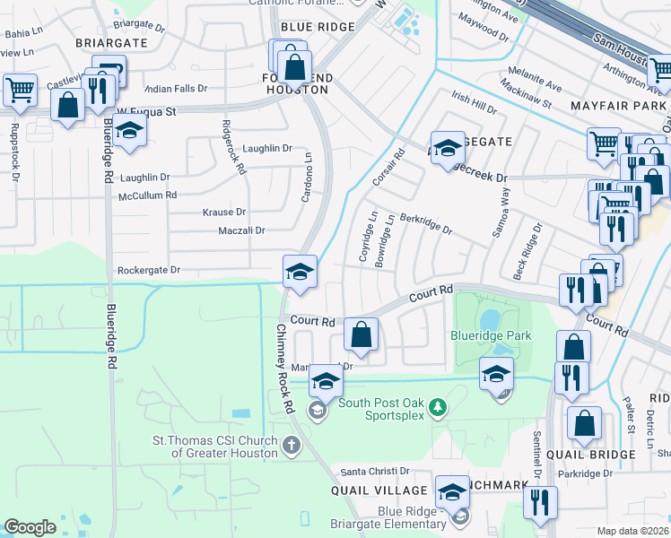 map of restaurants, bars, coffee shops, grocery stores, and more near 16207 Corsair Road in Houston