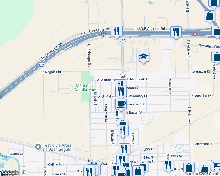 map of restaurants, bars, coffee shops, grocery stores, and more near 2223 Louise Street in Seguin